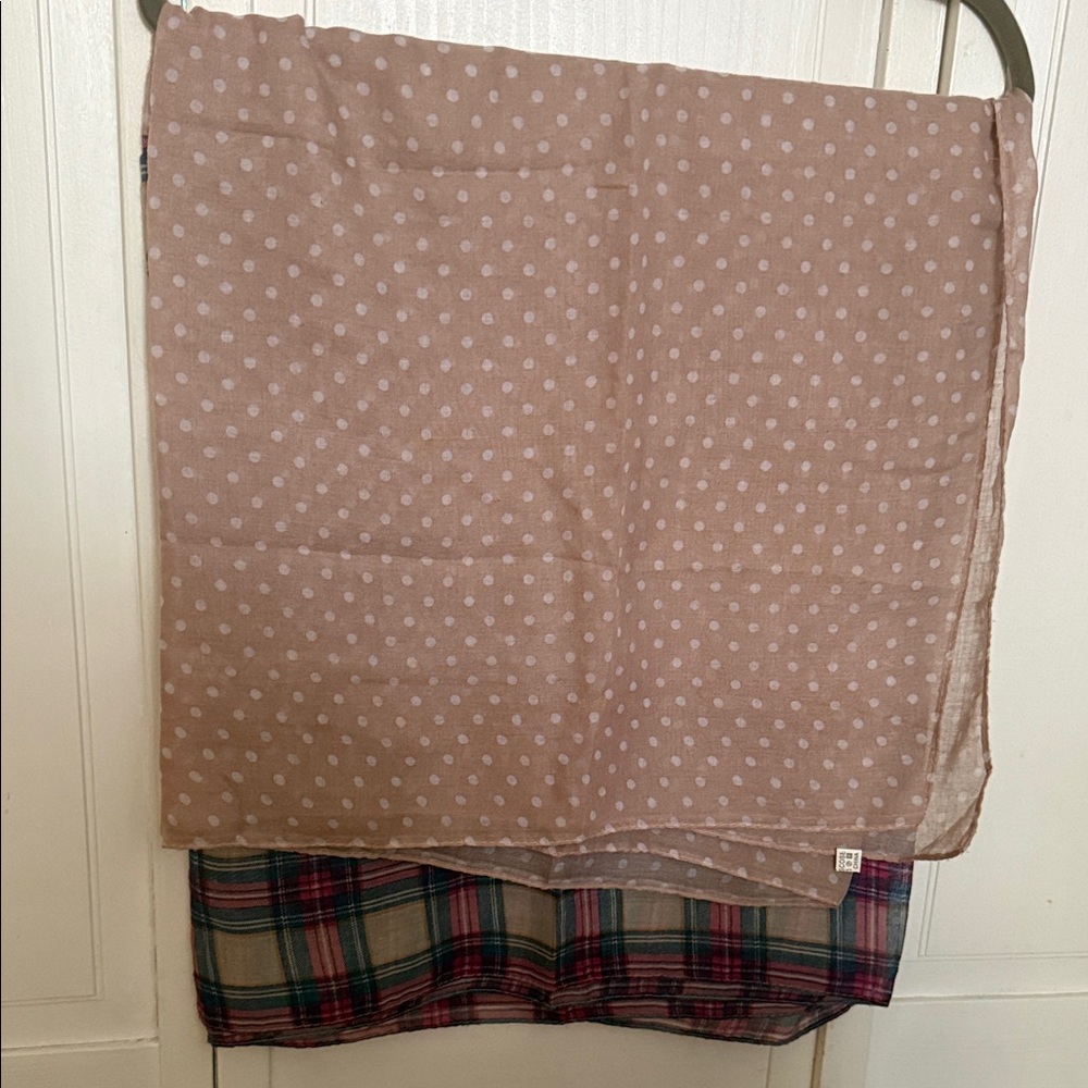 2 side design Plaid Lightweight Scarf with Polka Dot Trim in Navy and Pink - Picture 3 of 3